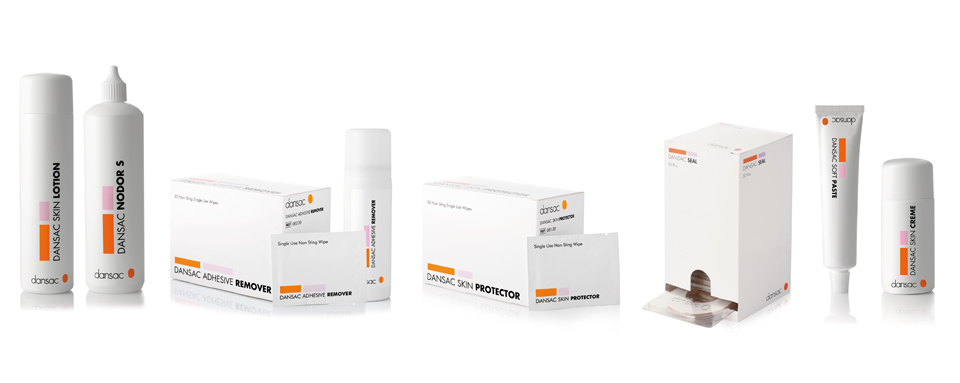 Tot de accessoires van Dansac behoren lijmverwijderaars, stomapasta, huidcrème en lotion